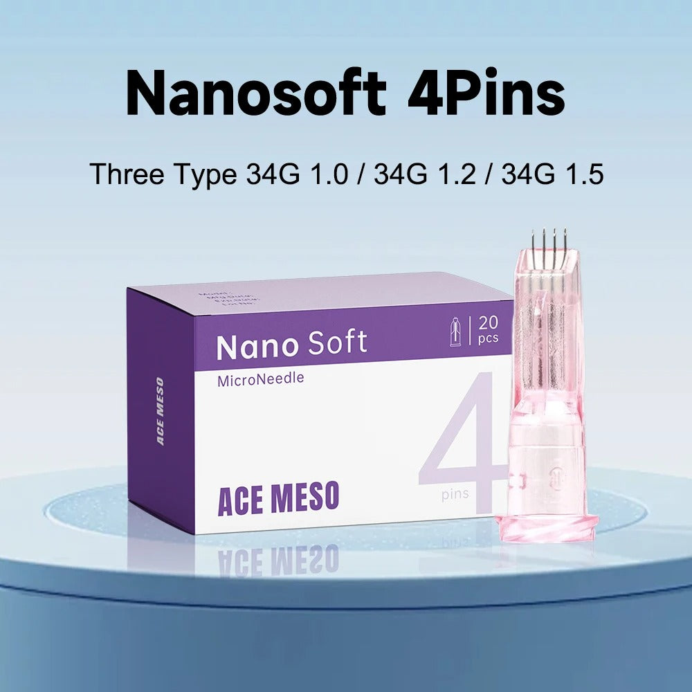 Painless Nano Soft 4-Pin Microneedling Device – 34G Multi-Needle Crystal Cartridge (Sterile Pack, 1.0/1.2/1.5mm)