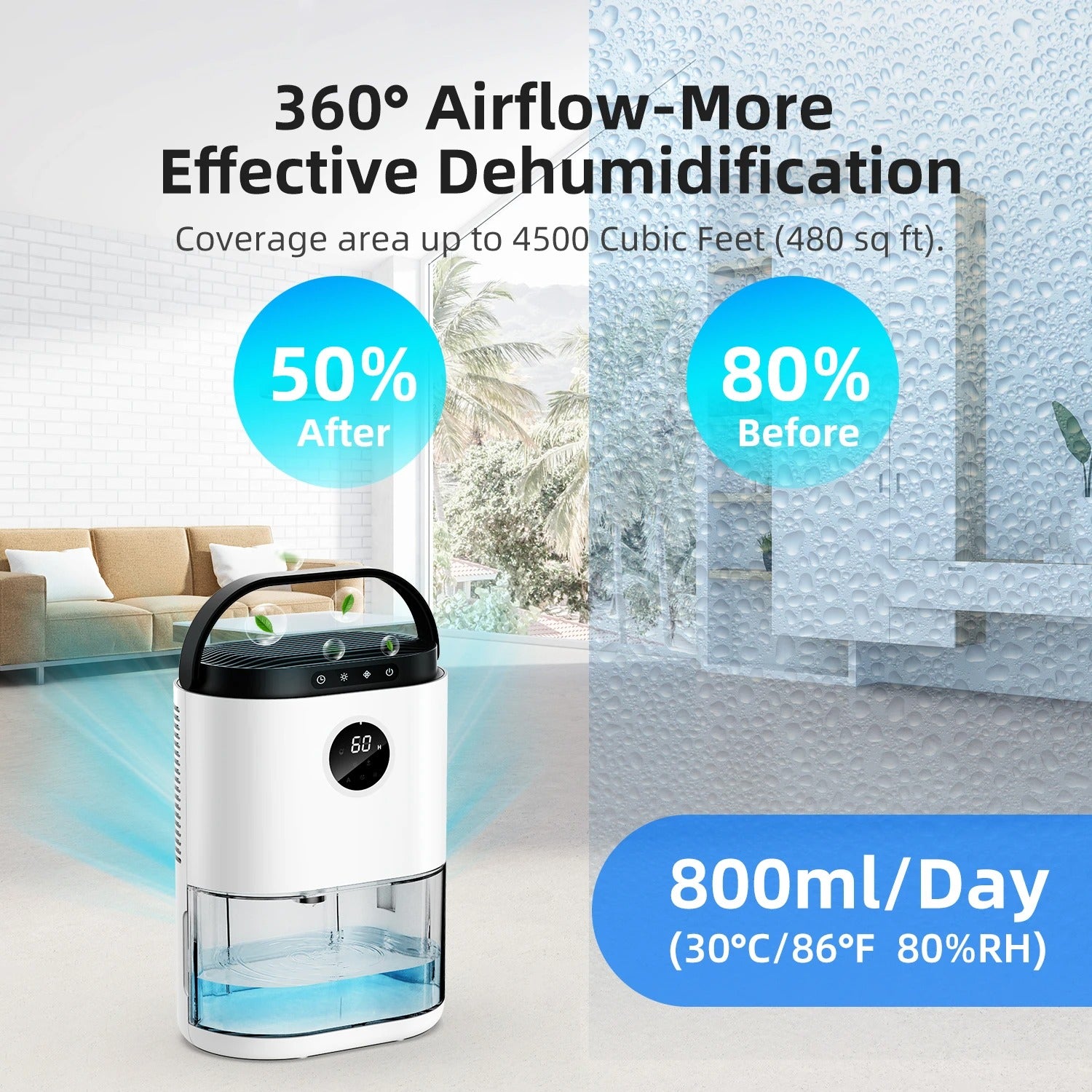 80oz Dehumidifier for Home – Auto Defrost, Ultra Quiet, Touch Control, Large Room, Bathroom, Garage, RV with Timer