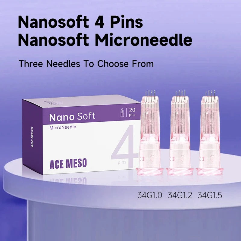 Painless Nano Soft 4-Pin Microneedling Device – 34G Multi-Needle Crystal Cartridge (Sterile Pack, 1.0/1.2/1.5mm)